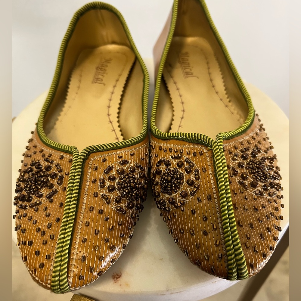 Elegant Brown and Green Beaded Flats